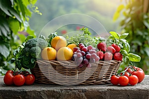 Fresh organic vegetables and fruits in wicker basket in the garden