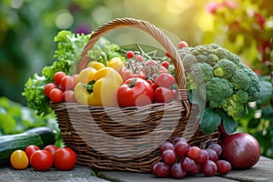 Fresh organic vegetables and fruits in wicker basket in the garden