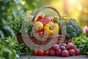 Fresh organic vegetables and fruits in wicker basket in the garden