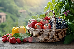 Fresh organic vegetables and fruits in wicker basket in the garden