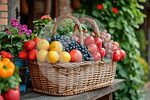 Fresh organic vegetables and fruits in wicker basket in the garden