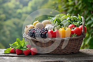 Fresh organic vegetables and fruits in wicker basket in the garden