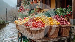 Fresh organic vegetables and fruits in wicker basket in the garden