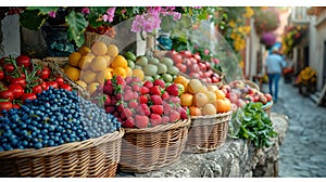 Fresh organic vegetables and fruits in wicker basket in the garden