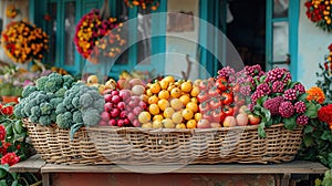 Fresh organic vegetables and fruits in wicker basket in the garden