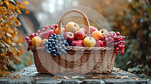 Fresh organic vegetables and fruits in wicker basket in the garden