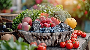 Fresh organic vegetables and fruits in wicker basket in the garden