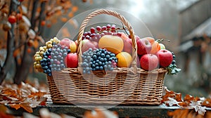 Fresh organic vegetables and fruits in wicker basket in the garden