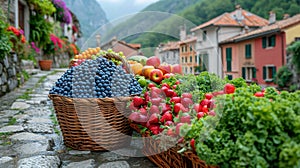 Fresh organic vegetables and fruits in wicker basket in the garden