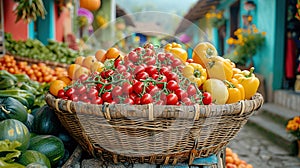 Fresh organic vegetables and fruits in wicker basket in the garden