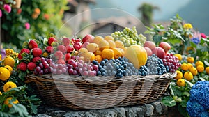 Fresh organic vegetables and fruits in wicker basket in the garden