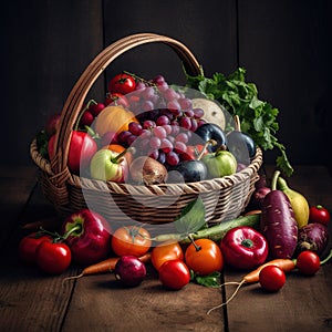 Fresh organic vegetables and fruits in wicker basket, Generative AI