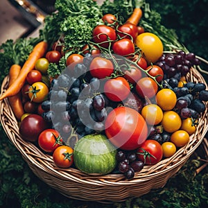 Fresh organic vegetables and fruits in wicker basket, Generative AI