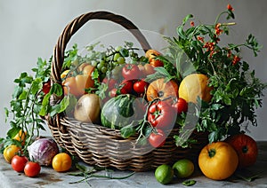 Fresh organic vegetables and fruits in the wicker basket light background
