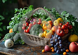 Fresh organic vegetables and fruits in the wicker basket and wooden table