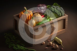 Fresh organic vegetables from garden in old rustic wooden box, healthy food concept. AI Generation