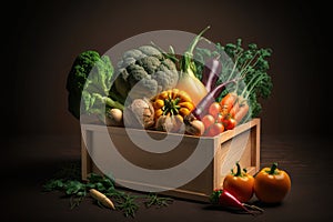 Fresh organic vegetables from garden in old rustic wooden box, healthy food concept. AI Generation