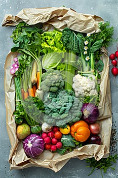 Fresh Organic Vegetables and Greens Assortment on Crumpled Paper Background for Healthy Eating