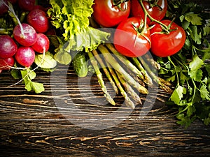 Fresh organic vegetables healthy farmer bio vegetarian on a wooden background, tomato