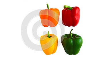 Fresh  organic vegetables. Orange, yellow, green, red bell peppers or capsicum isolated on white background