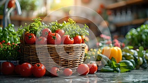 Fresh organic vegetables on a rustic table. vibrant tomatoes in a wicker basket. healthy eating and farm produce concept