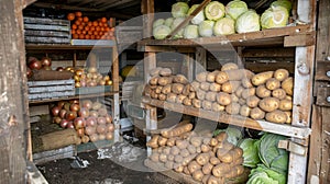 Fresh organic vegetables in rustic wooden boxes on a market