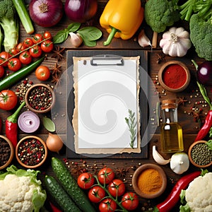 Fresh Organic Vegetables and Spices on a Wooden Background and white empty Paper for Notes