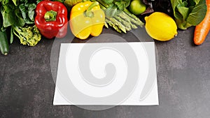 Fresh organic vegetables and white blank paper on table, Healthy food concept top view.