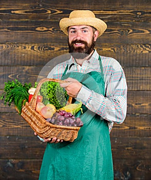 Fresh organic vegetables in wicker basket. Farmer straw hat presenting fresh vegetables. Farmer with homegrown