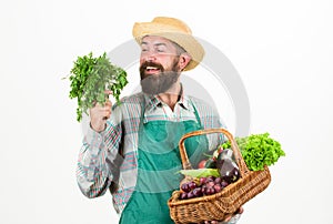 Fresh organic vegetables wicker basket. Hipster gardener wear apron carry vegetables. Man bearded presenting vegetables