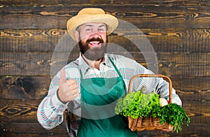 Fresh organic vegetables in wicker basket. Man bearded farmer presenting eco vegetables wooden background. Farm delivery