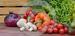 Fresh organic vegetables in a wooden box and on a wooden table on the background of a vegetable garden.Concept of biological, bio
