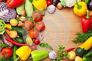 Fresh Organic Vegetables on wooden Table / Round