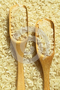 Fresh organic white raw rice grains texture and wooden spoon, uncooked rice background