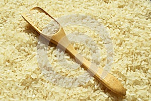 Fresh organic white raw rice grains texture and wooden spoon, uncooked rice background