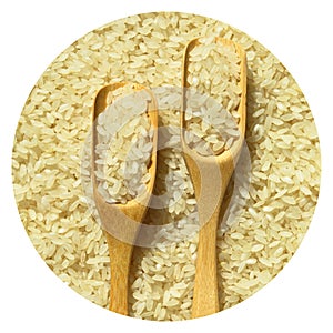 Fresh organic white raw rice grains texture and wooden spoon, uncooked rice background