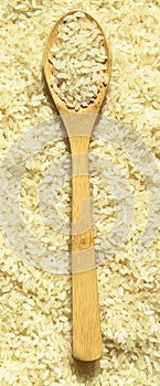 Fresh organic white raw rice grains texture and wooden spoon, uncooked rice background