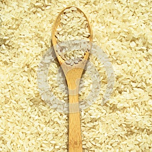 Fresh organic white raw rice grains texture and wooden spoon, uncooked rice background