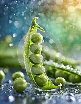 Fresh organic whole peas on the table with water drops