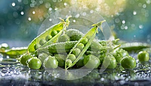 Fresh organic whole peas on the table with water drops