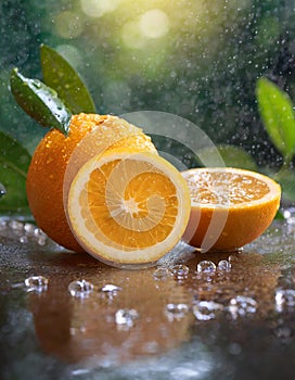Fresh organic whole and sliced orange fruit in water drops