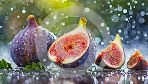 Fresh organic whole and slised figs on the table in water drops