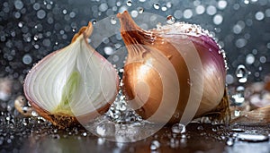 Fresh organic whole and slised onion in water drops