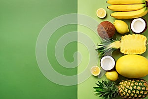 Fresh organic yellow fruits over green background. Monochrome concept with banana, coconut, pineapple, lemon, melon. Top