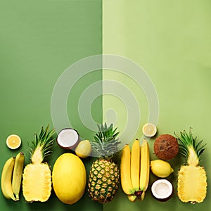 Fresh organic yellow fruits over green background. Monochrome concept with banana, coconut, pineapple, lemon, melon. Top
