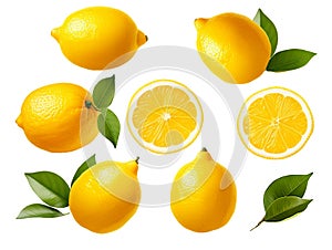 Fresh organic yellow lemon fruit with slice and green leaves isolated on white background.