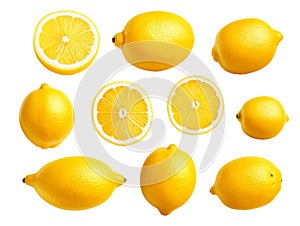 Fresh organic yellow lemon fruit with slice isolated on white background.