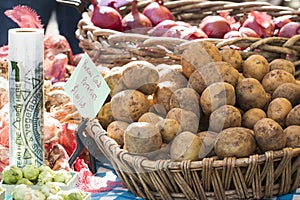 Fresh organic Yukon gold potatoes and onions at farmer's market