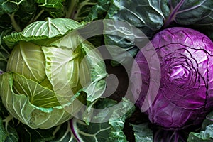 Fresh organically grown green and red cabbage. Healthy and diet concept. Generative AI