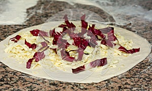 Fresh original Italian raw pizza, dough preparation in traditional style,with cheese and red chicory. Food, italian cuisine and co